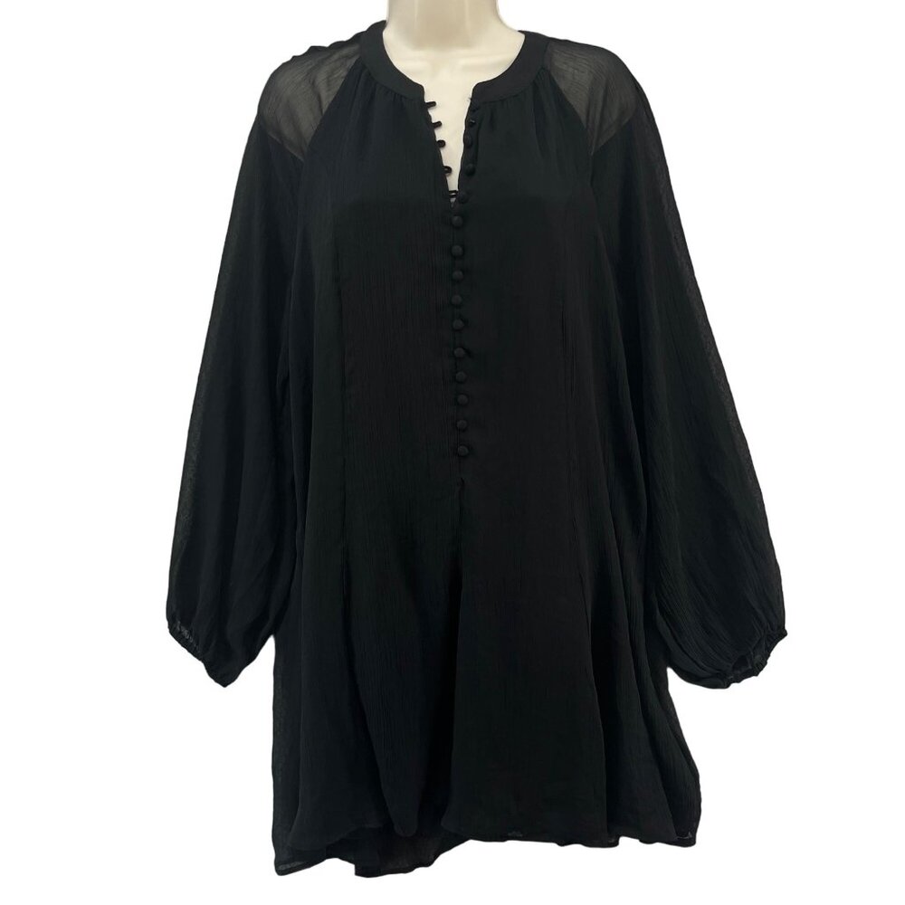 Joie Mini Shirt Dress Black Caviar Sheer Balloon Sleeve Limited Edition Size L